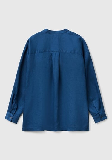  Kadın Denim %100 Keten Sol Önü Cepli Oversize Mandarin Yaka Gömlek