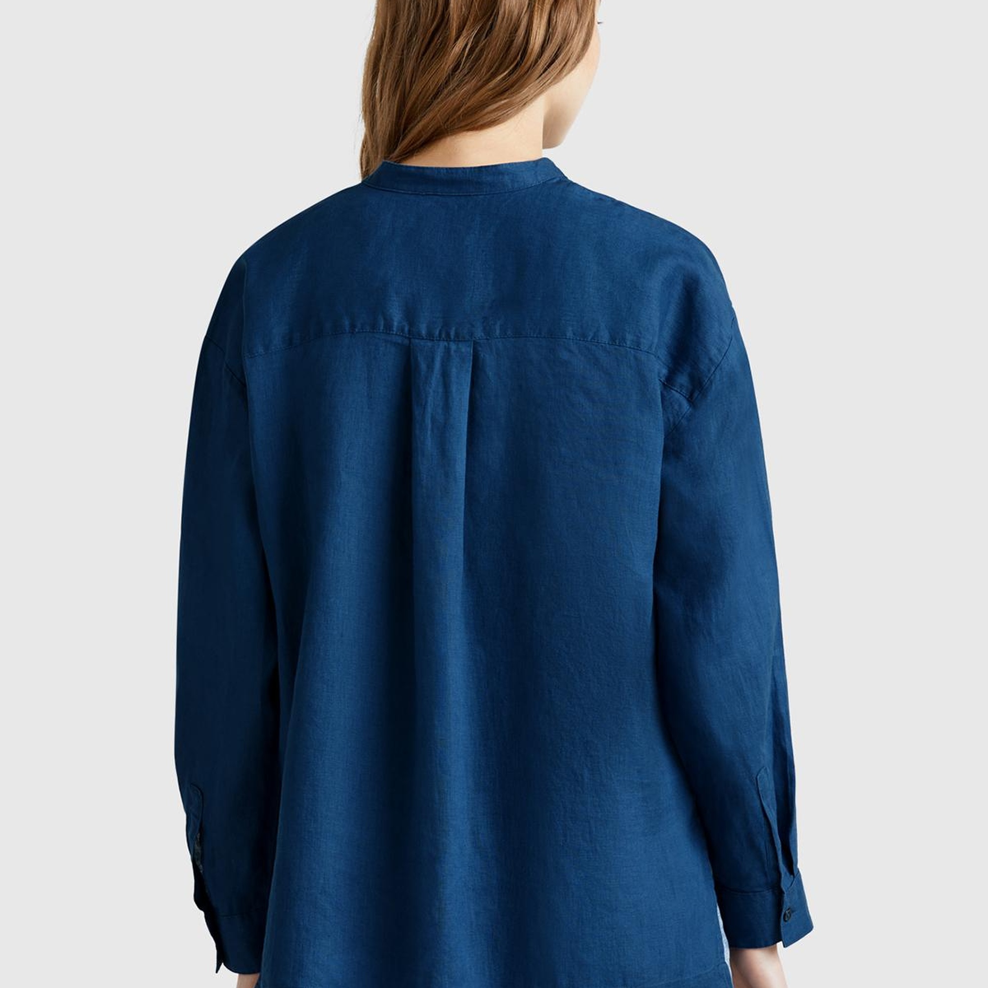 Kadın Denim %100 Keten Sol Önü Cepli Oversize Mandarin Yaka Gömlek