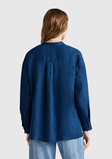  Kadın Denim %100 Keten Sol Önü Cepli Oversize Mandarin Yaka Gömlek