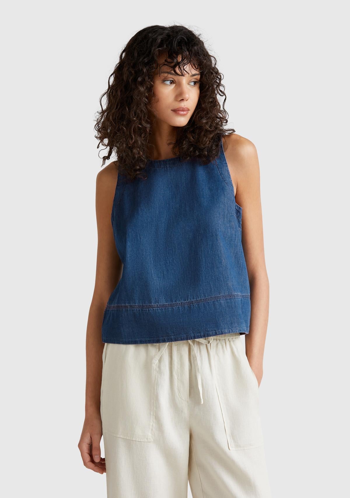  Kadın Koyu Mavi %100 Koton Kolsuz Şamre Bluz