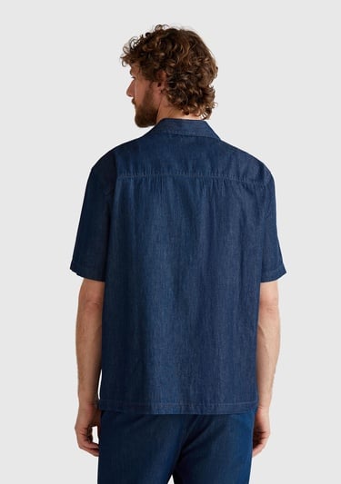  Erkek Koyu Mavi %100 Koton Kısa Kollu Kamp Yaka Gömlek