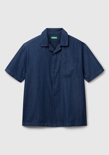  Erkek Koyu Mavi %100 Koton Kısa Kollu Kamp Yaka Gömlek