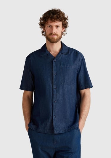  Erkek Koyu Mavi %100 Koton Kısa Kollu Kamp Yaka Gömlek