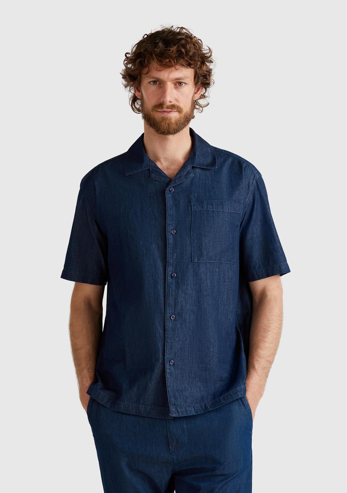  Erkek Koyu Mavi %100 Koton Kısa Kollu Kamp Yaka Gömlek