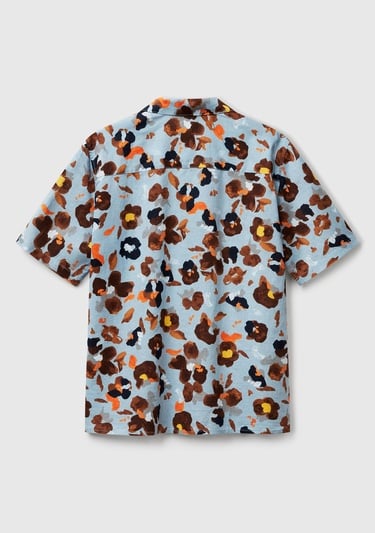  Erkek Açık Mavi Pamuk Keten Karışımlı Desenli Bowling Yaka Kısa Kollu Gömlek