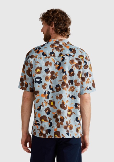  Erkek Açık Mavi Pamuk Keten Karışımlı Desenli Bowling Yaka Kısa Kollu Gömlek