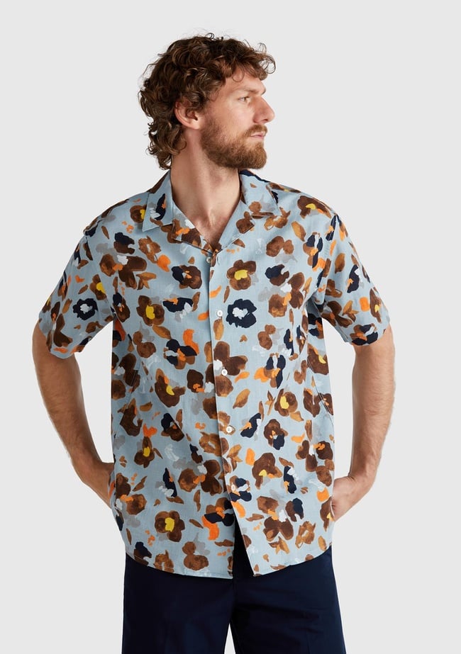  Erkek Açık Mavi Pamuk Keten Karışımlı Desenli Bowling Yaka Kısa Kollu Gömlek