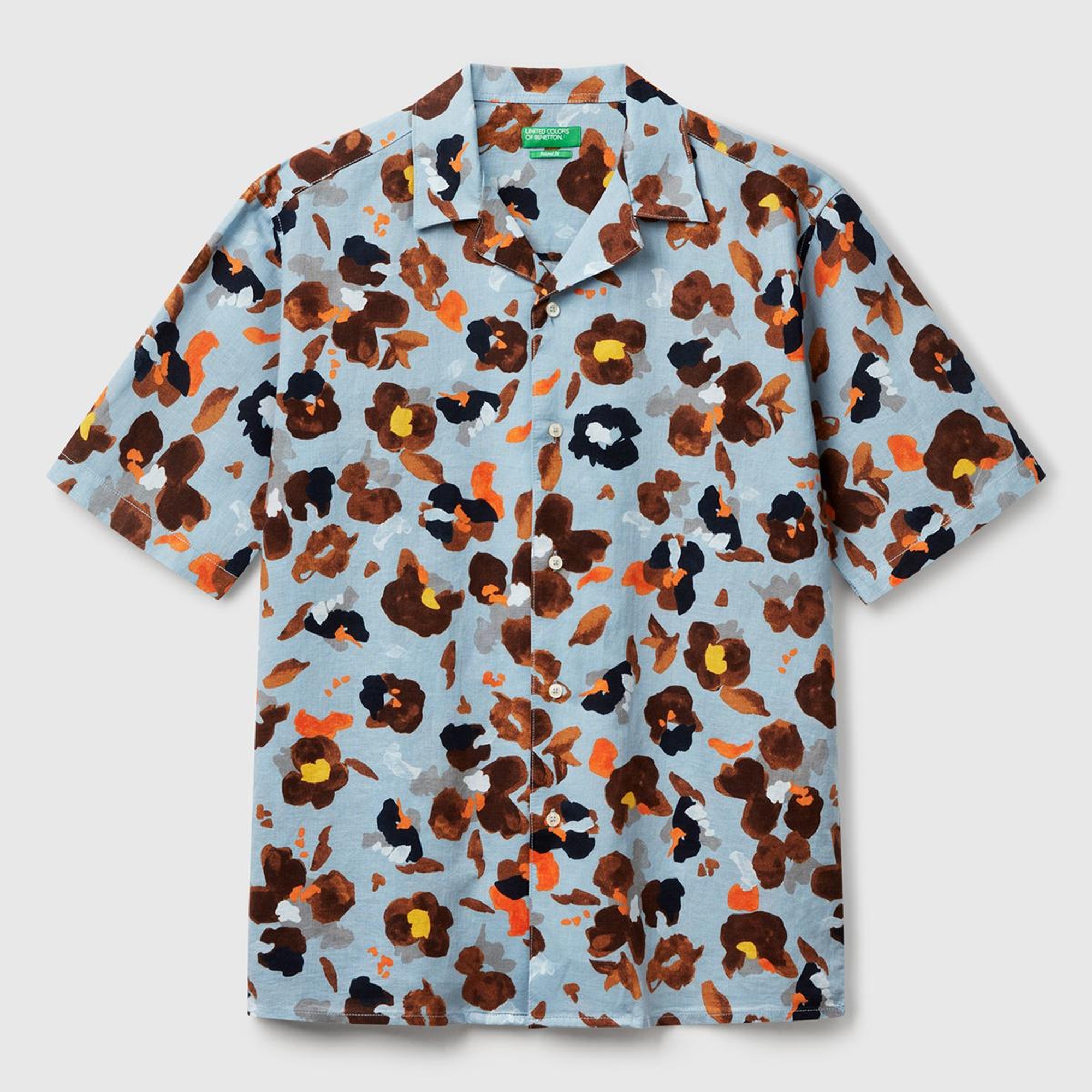 Erkek Açık Mavi Pamuk Keten Karışımlı Desenli Bowling Yaka Kısa Kollu Gömlek