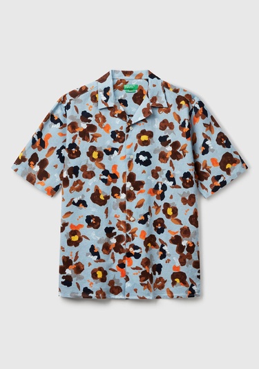 Erkek Açık Mavi Pamuk Keten Karışımlı Desenli Bowling Yaka Kısa Kollu Gömlek