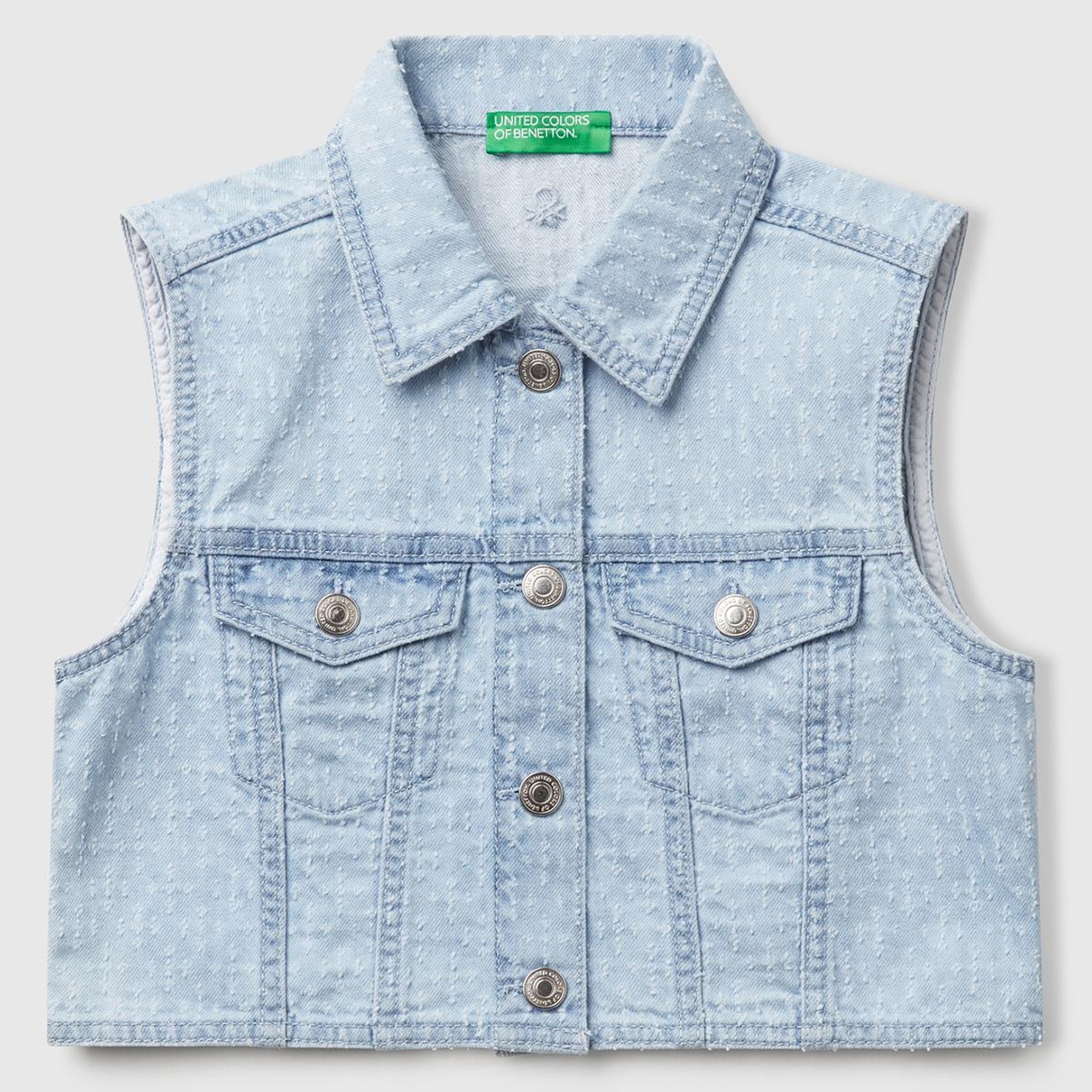 Kız Çocuk Denim Logo İşleme Detaylı Düğmeli Önü Cepli Denim Yelek