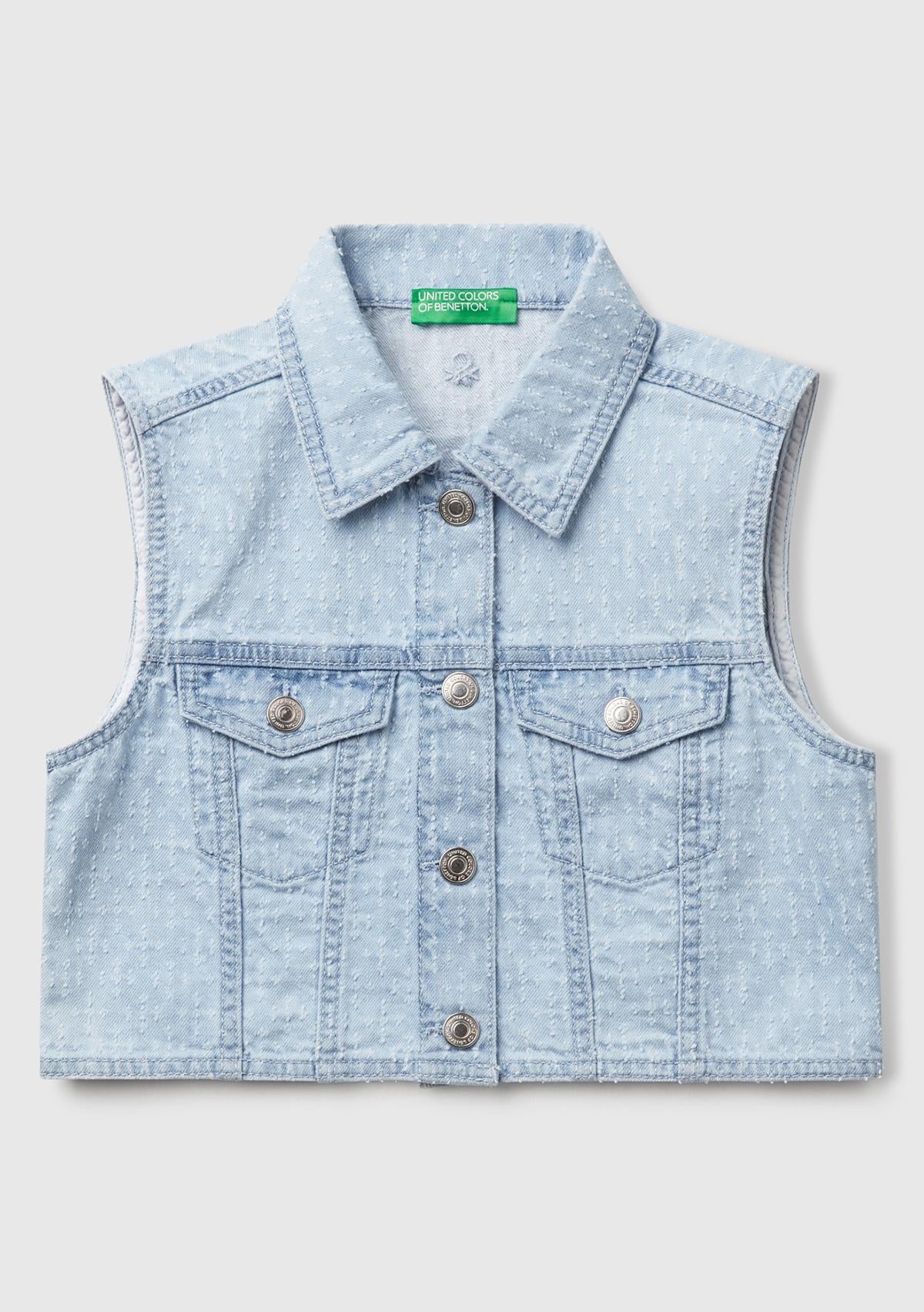  Kız Çocuk Denim Logo İşleme Detaylı Düğmeli Önü Cepli Denim Yelek