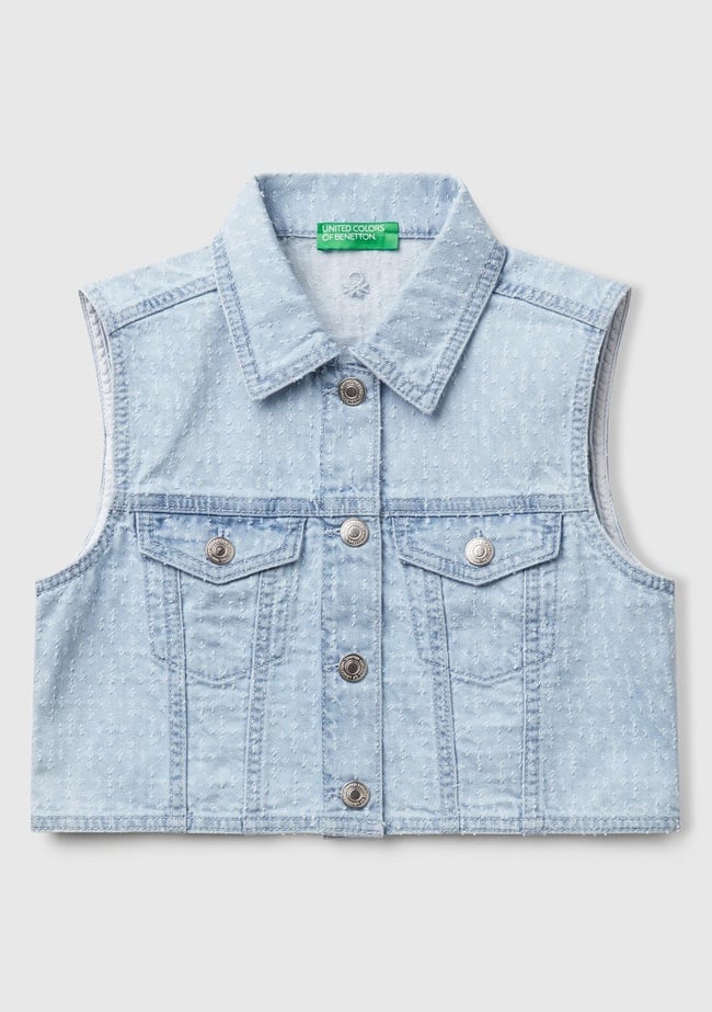  Kız Çocuk Denim Logo İşleme Detaylı Düğmeli Önü Cepli Denim Yelek