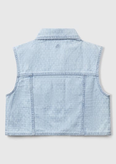  Kız Çocuk Denim Logo İşleme Detaylı Düğmeli Önü Cepli Denim Yelek