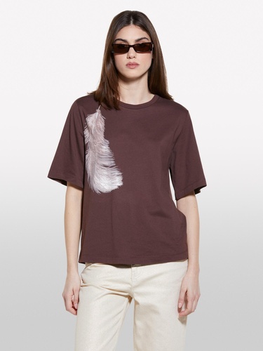  Kadın Koyu kahverengi %100 Pamuk Baskılı Bisiklet Yaka Regular Fit T-Shirt