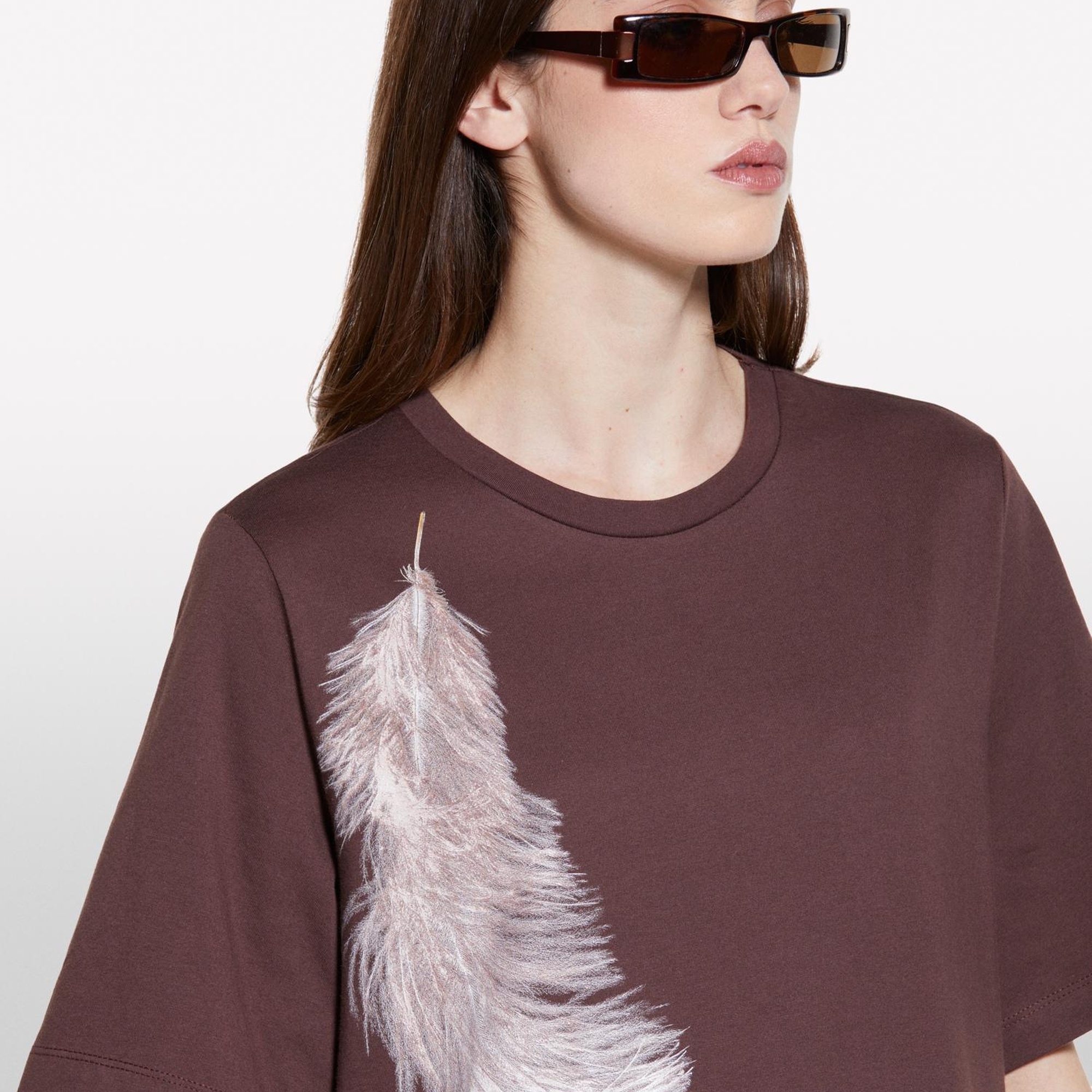 Kadın Koyu kahverengi %100 Pamuk Baskılı Bisiklet Yaka Regular Fit T-Shirt