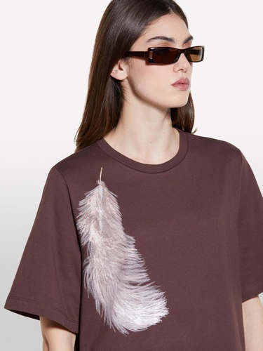  Kadın Koyu kahverengi %100 Pamuk Baskılı Bisiklet Yaka Regular Fit T-Shirt