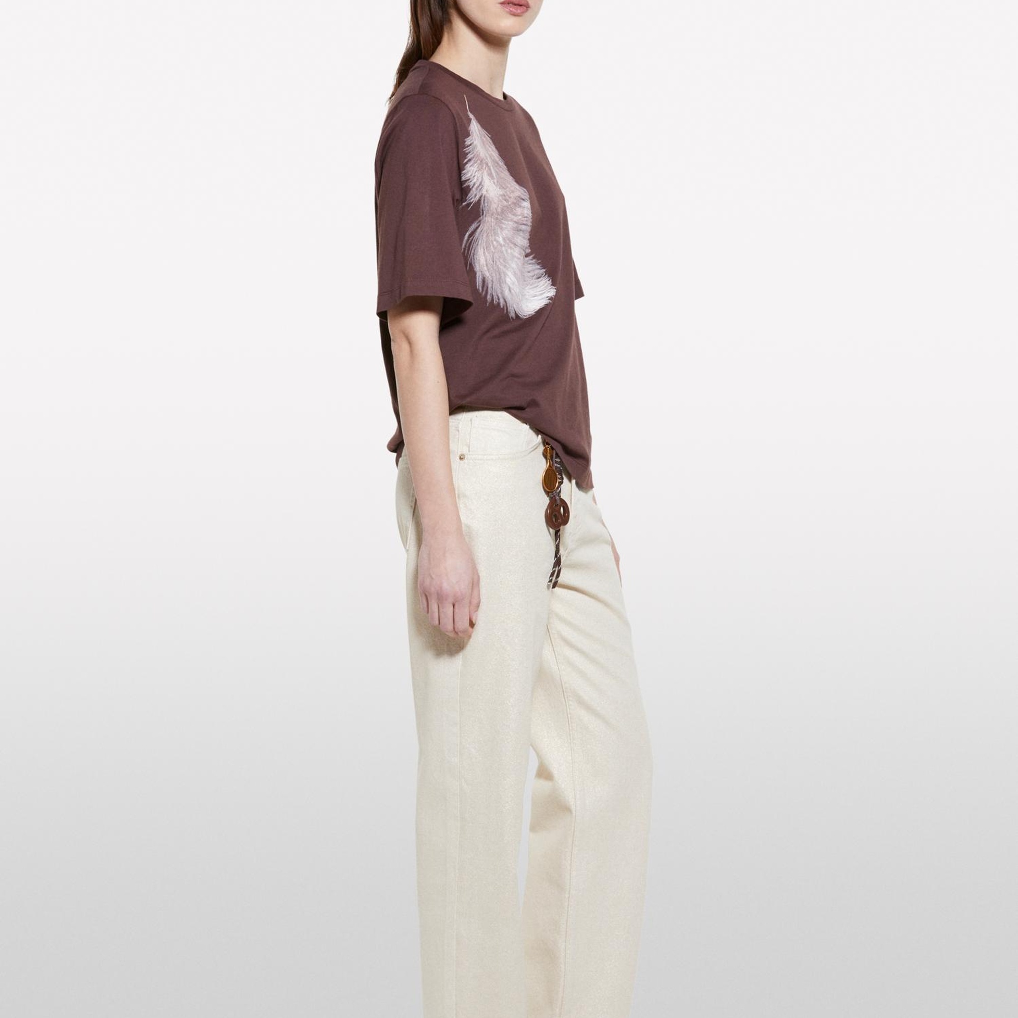 Kadın Koyu kahverengi %100 Pamuk Baskılı Bisiklet Yaka Regular Fit T-Shirt