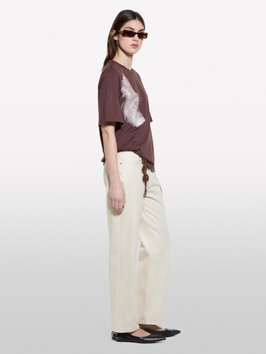  Kadın Koyu kahverengi %100 Pamuk Baskılı Bisiklet Yaka Regular Fit T-Shirt