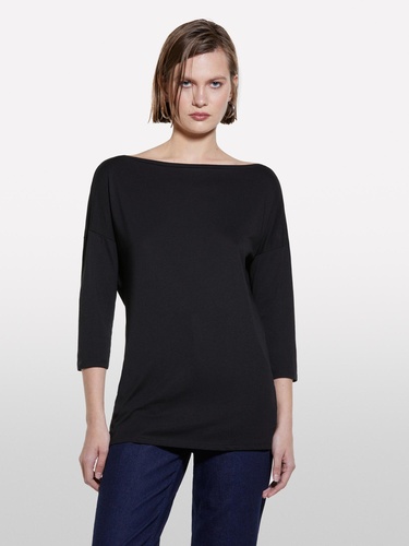  Kadın Siyah Modal Karışımlı Kayık Yaka Regular Fit T-Shirt