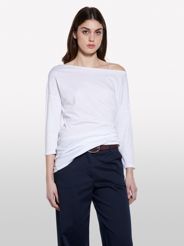  Kadın Beyaz Modal Karışımlı Kayık Yaka Regular Fit T-Shirt