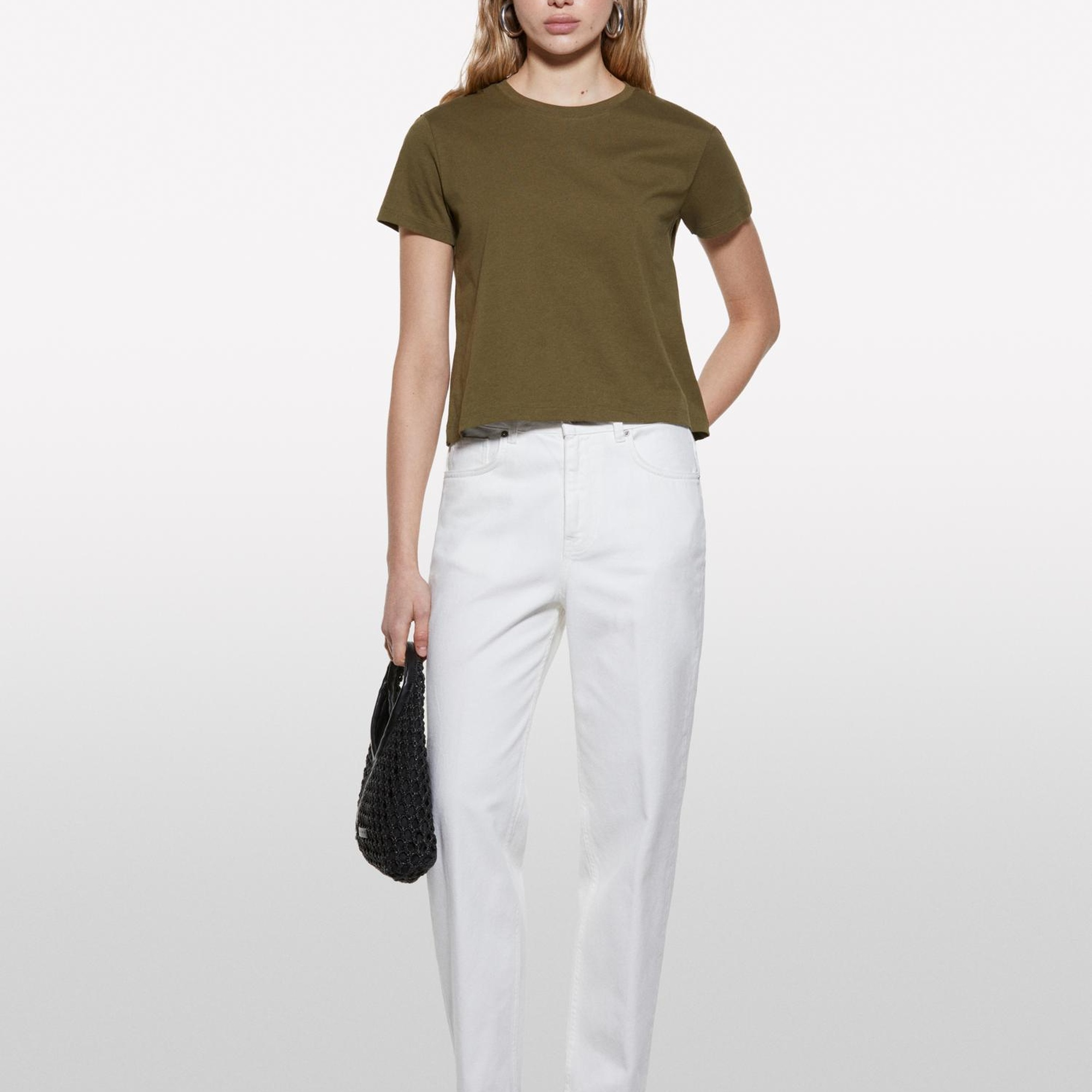 Kadın Koyu Haki %100 Pamuk Bisiklet Yaka Boxy Fit T-Shirt