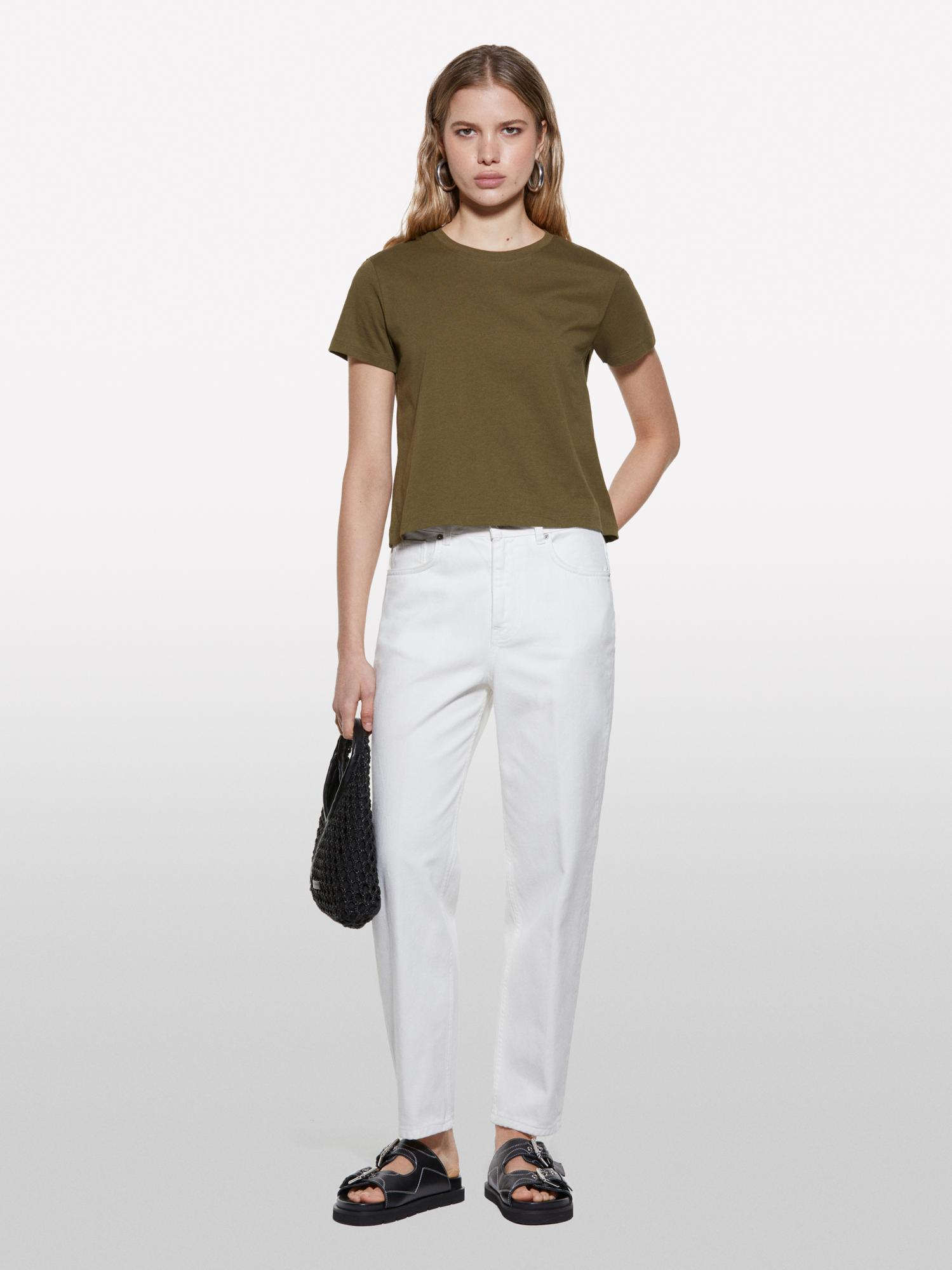  Kadın Koyu Haki %100 Pamuk Bisiklet Yaka Boxy Fit T-Shirt