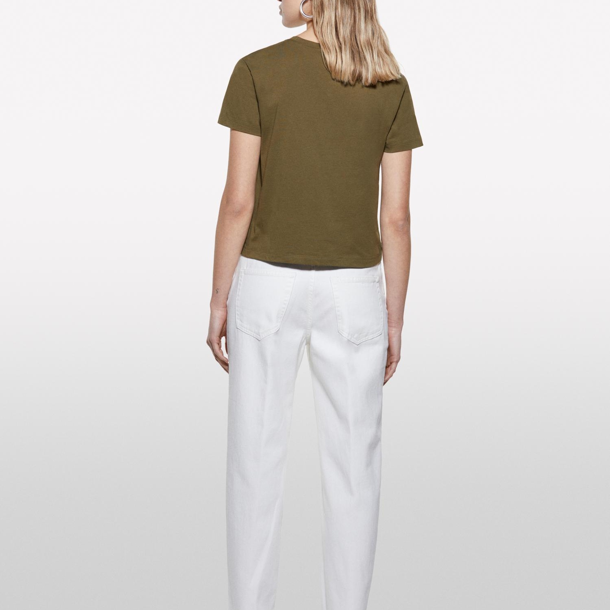 Kadın Koyu Haki %100 Pamuk Bisiklet Yaka Boxy Fit T-Shirt