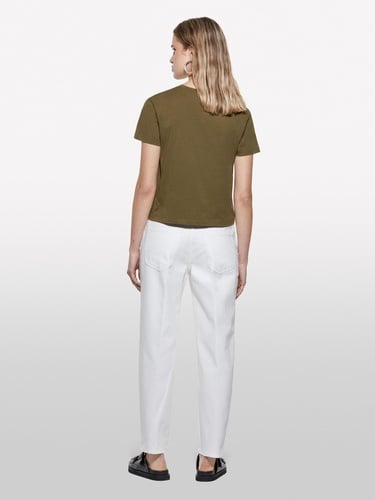  Kadın Koyu Haki %100 Pamuk Bisiklet Yaka Boxy Fit T-Shirt