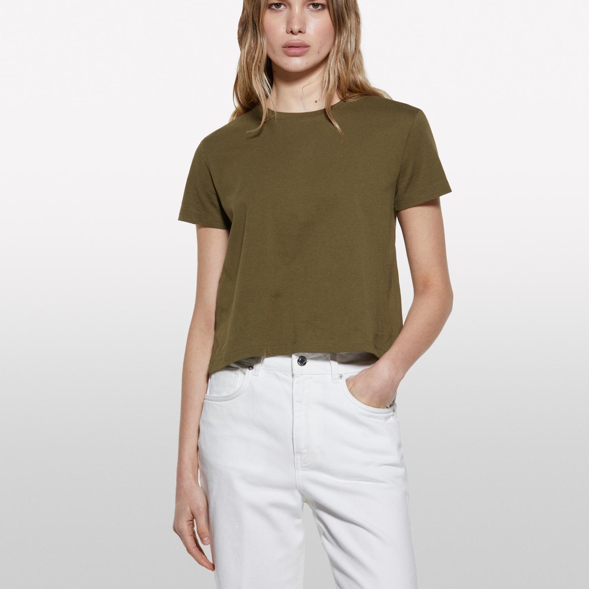 Kadın Koyu Haki %100 Pamuk Bisiklet Yaka Boxy Fit T-Shirt