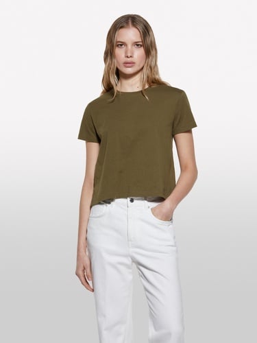  Kadın Koyu Haki %100 Pamuk Bisiklet Yaka Boxy Fit T-Shirt