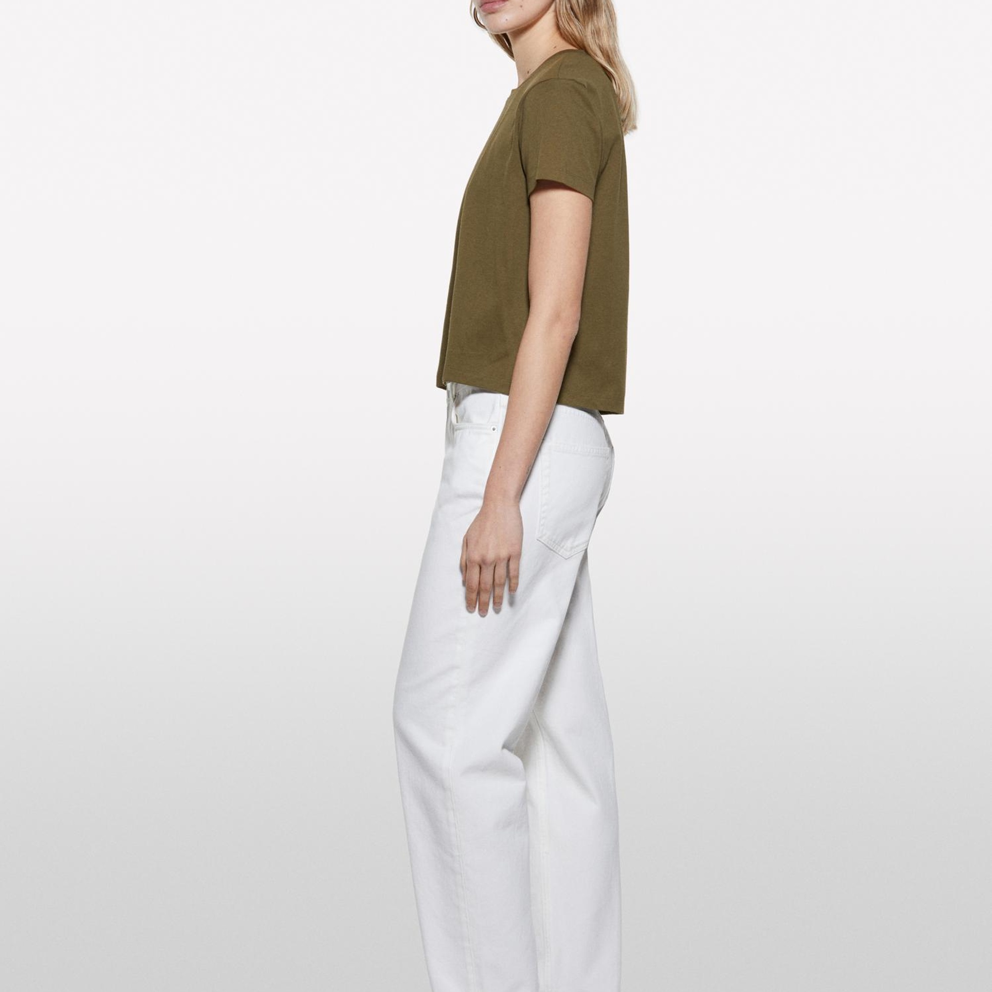 Kadın Koyu Haki %100 Pamuk Bisiklet Yaka Boxy Fit T-Shirt