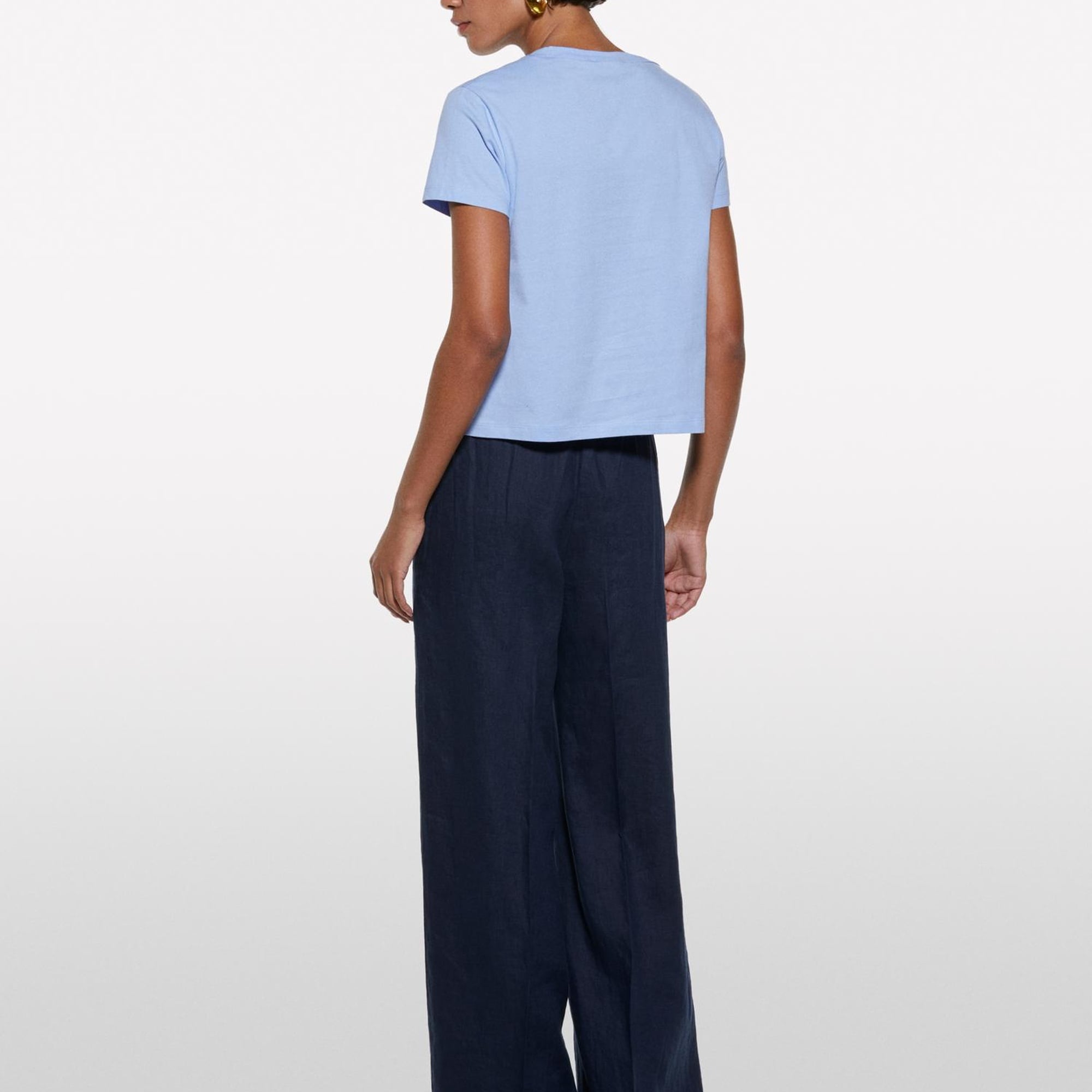 Kadın Açık Mavi %100 Pamuk Bisiklet Yaka Boxy Fit T-Shirt