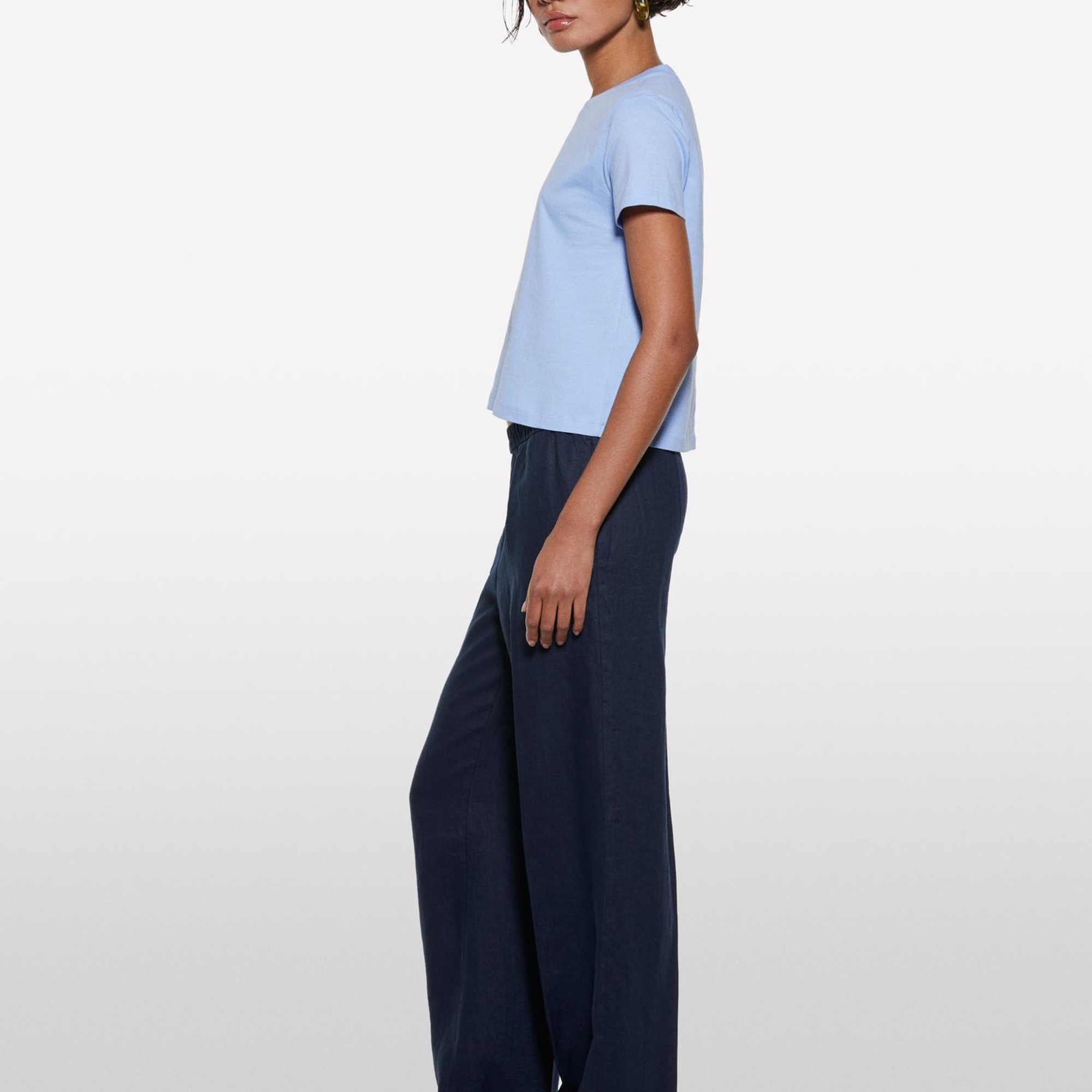 Kadın Açık Mavi %100 Pamuk Bisiklet Yaka Boxy Fit T-Shirt