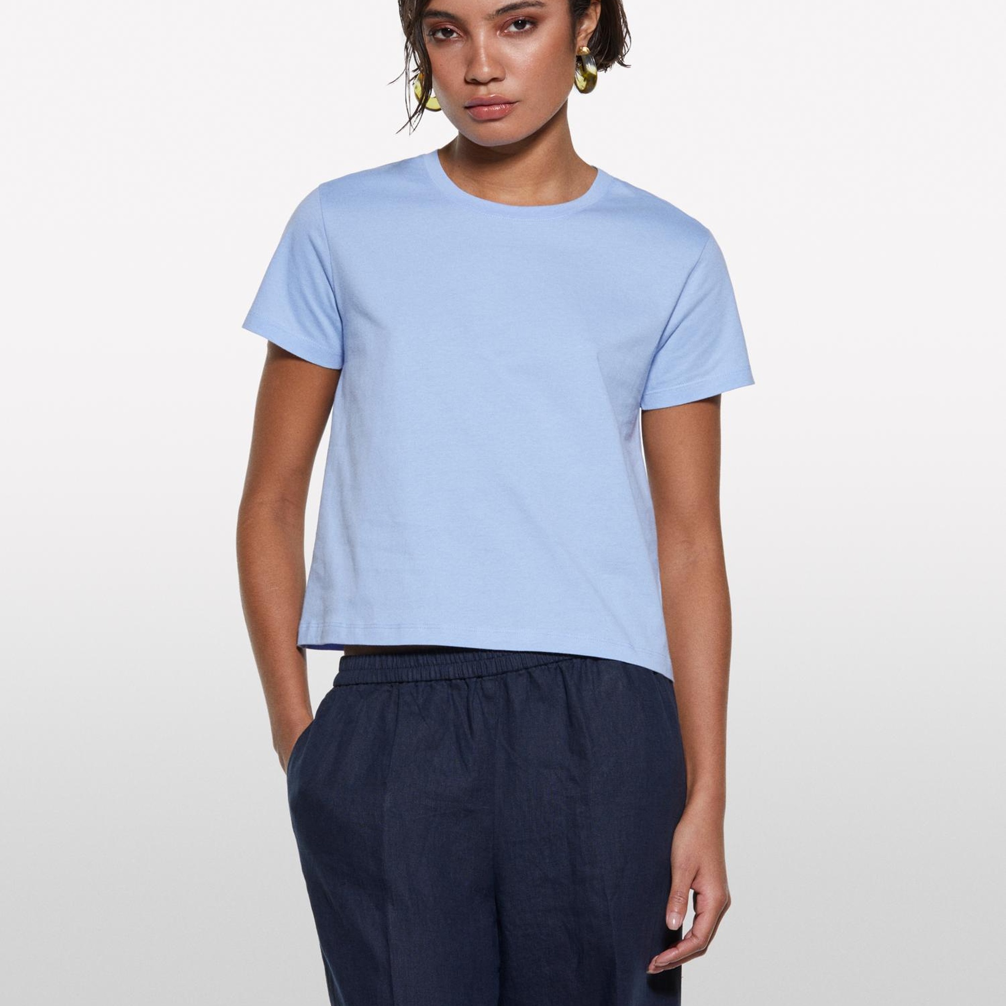 Kadın Açık Mavi %100 Pamuk Bisiklet Yaka Boxy Fit T-Shirt