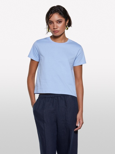  Kadın Açık Mavi %100 Pamuk Bisiklet Yaka Boxy Fit T-Shirt