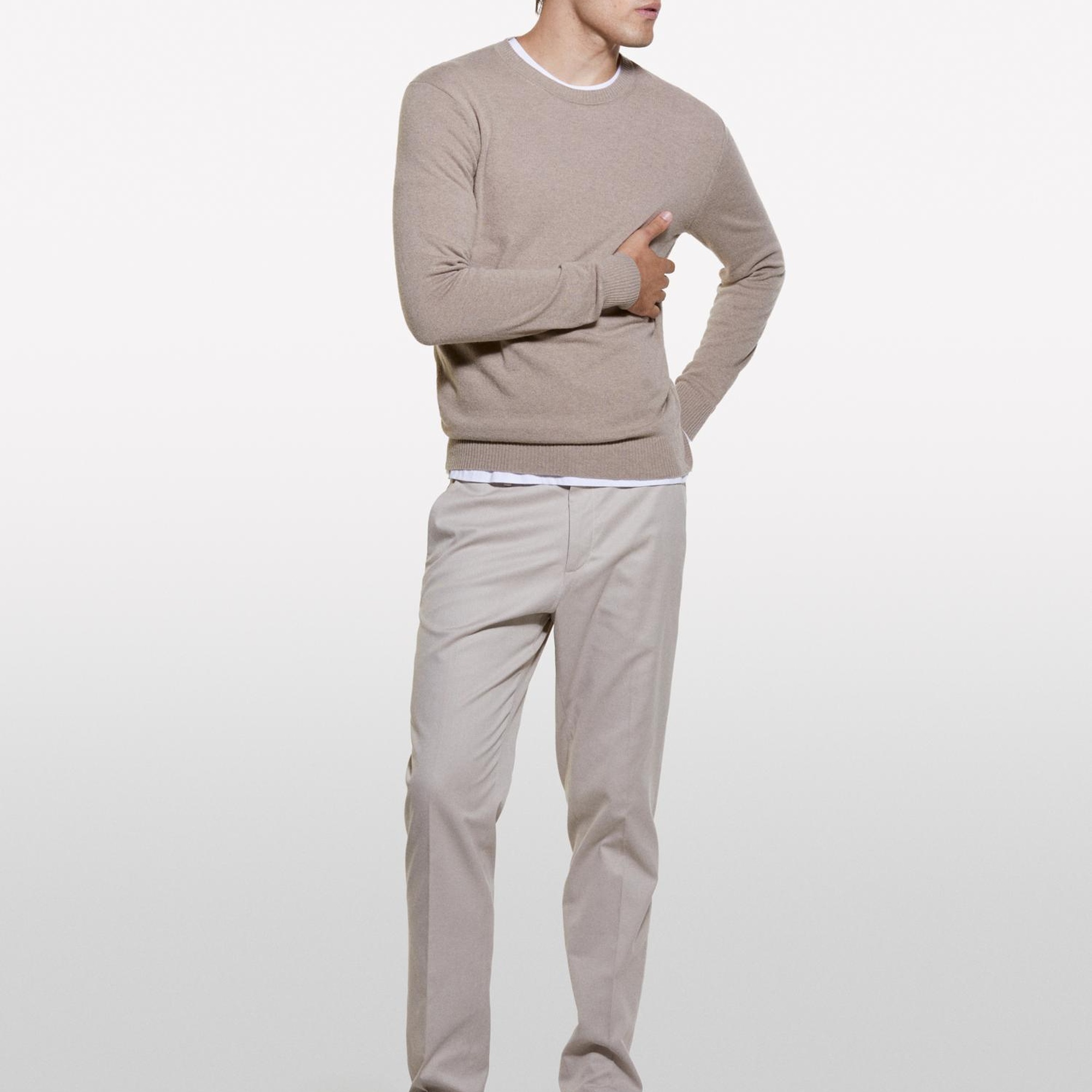 Erkek Bej Melanj Kaşmir Karışımlı Bisiklet Yaka Kazak