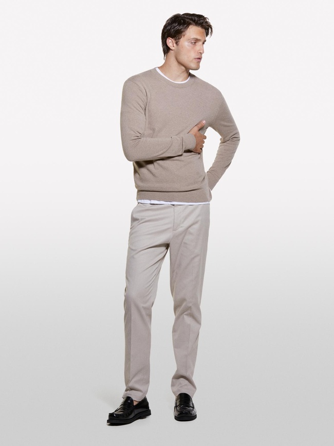  Erkek Bej Melanj Kaşmir Karışımlı Bisiklet Yaka Kazak