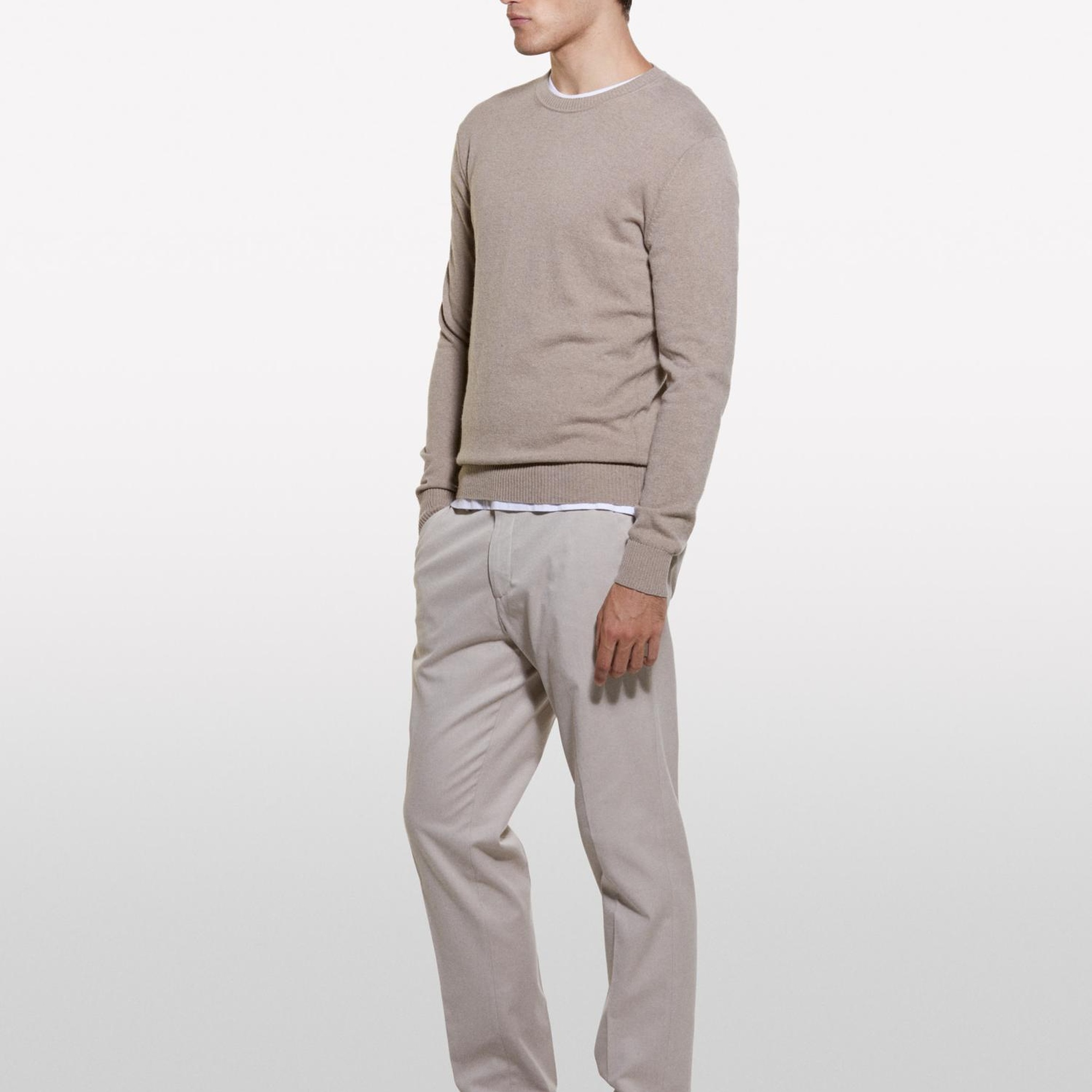 Erkek Bej Melanj Kaşmir Karışımlı Bisiklet Yaka Kazak