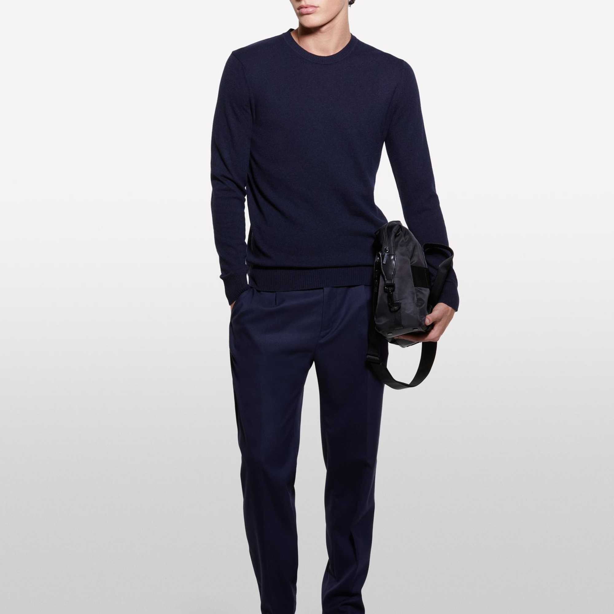 Erkek Lacivert Kaşmir Karışımlı Bisiklet Yaka Kazak