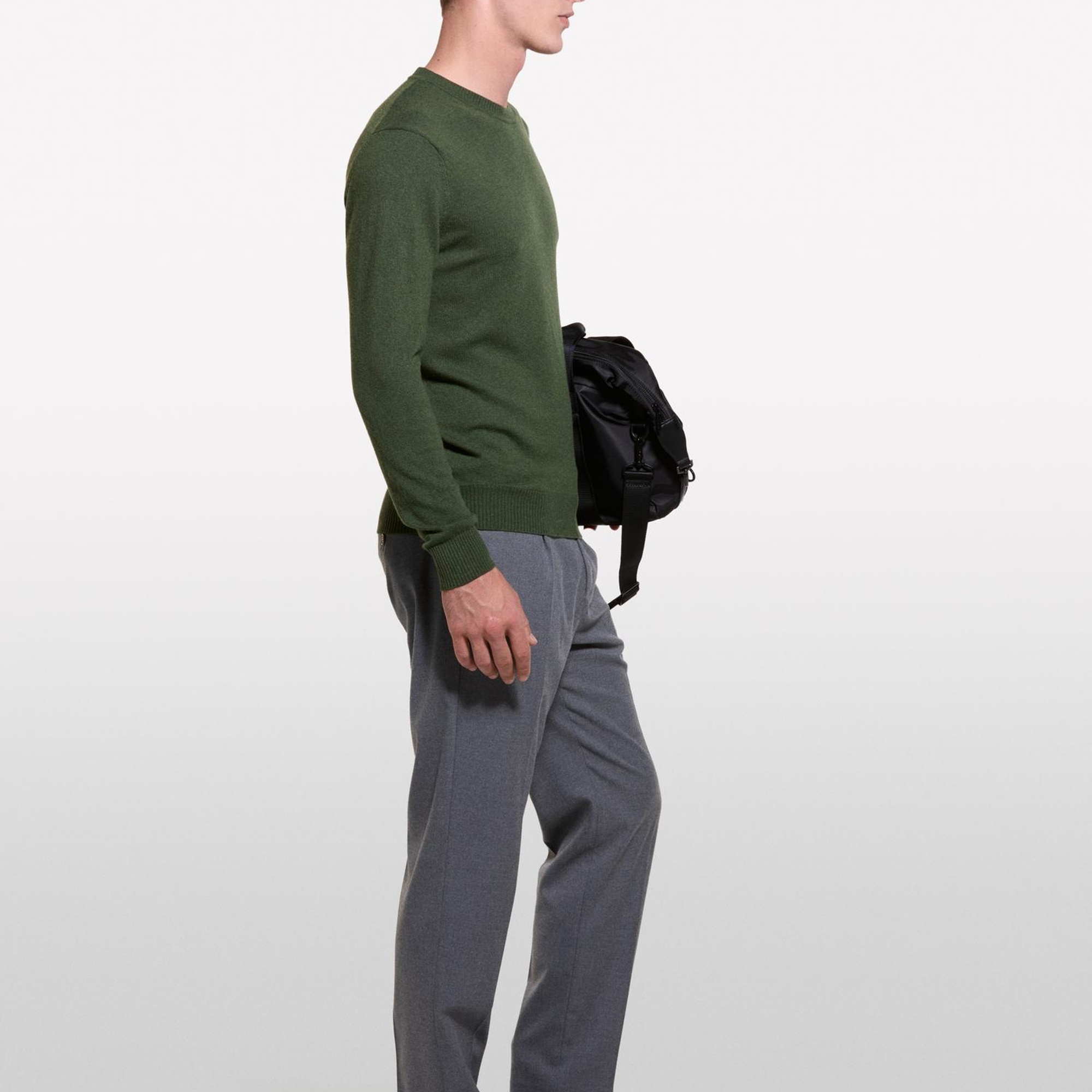 Erkek Koyu Yeşil Kaşmir Karışımlı Bisiklet Yaka Kazak