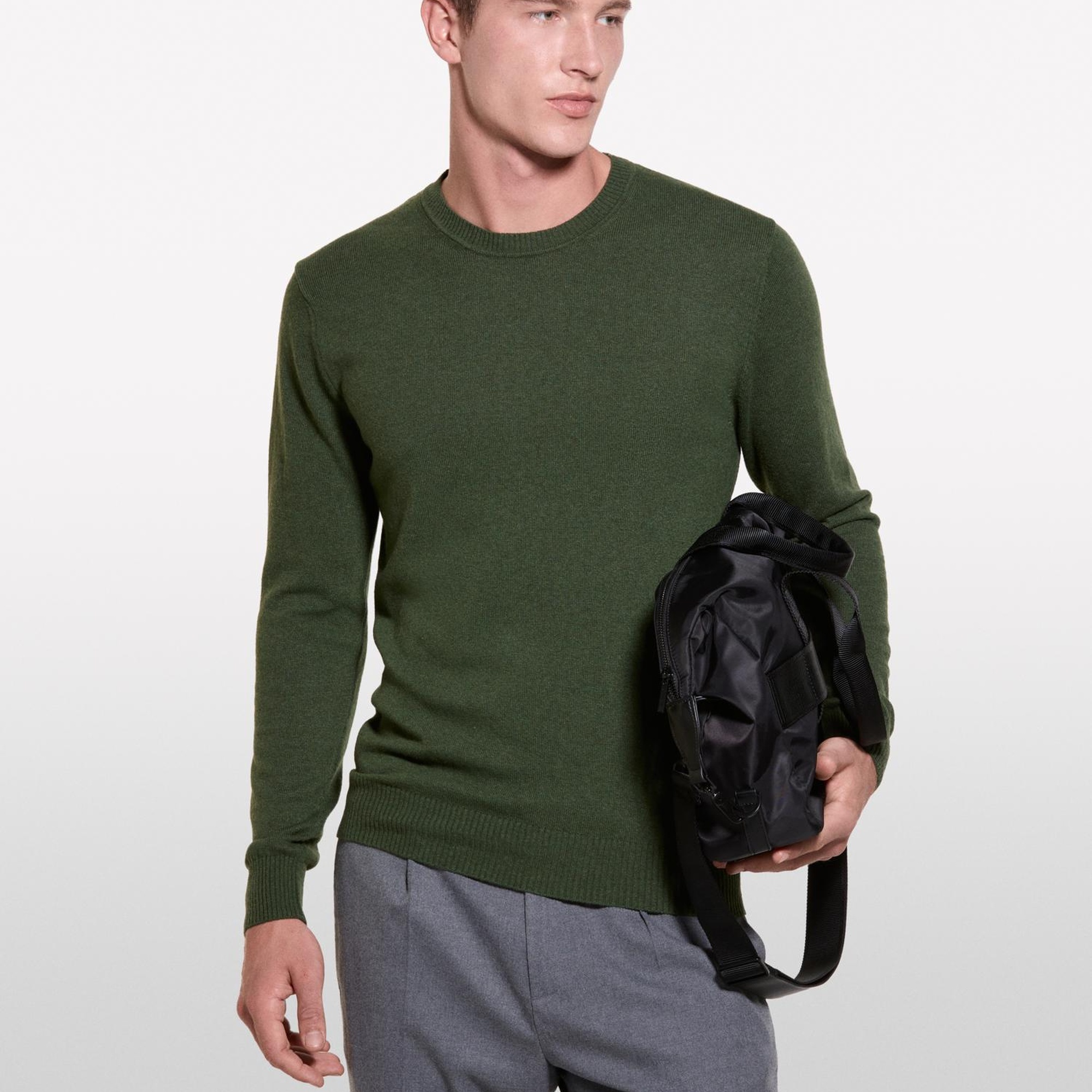 Erkek Koyu Yeşil Kaşmir Karışımlı Bisiklet Yaka Kazak