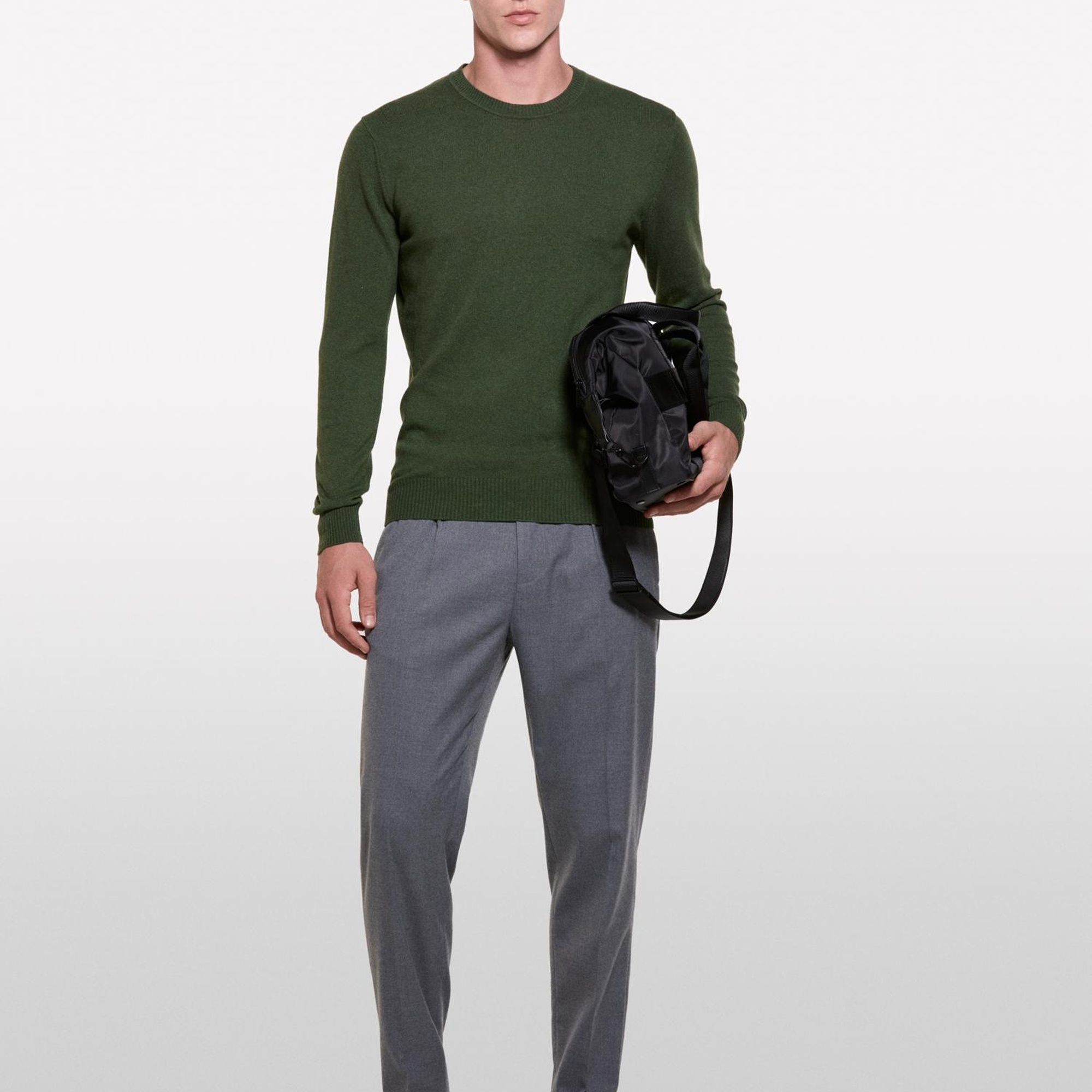 Erkek Koyu Yeşil Kaşmir Karışımlı Bisiklet Yaka Kazak