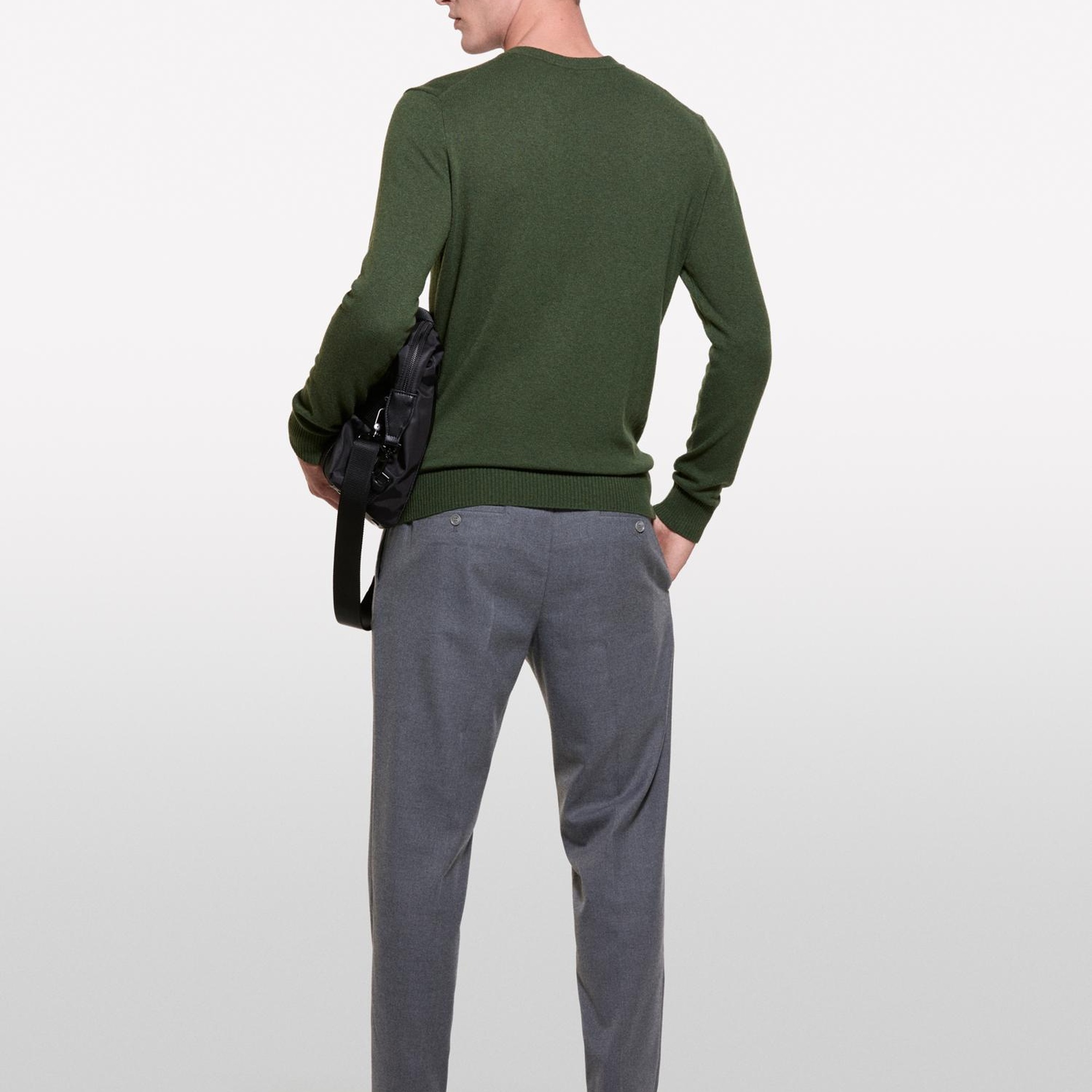 Erkek Koyu Yeşil Kaşmir Karışımlı Bisiklet Yaka Kazak