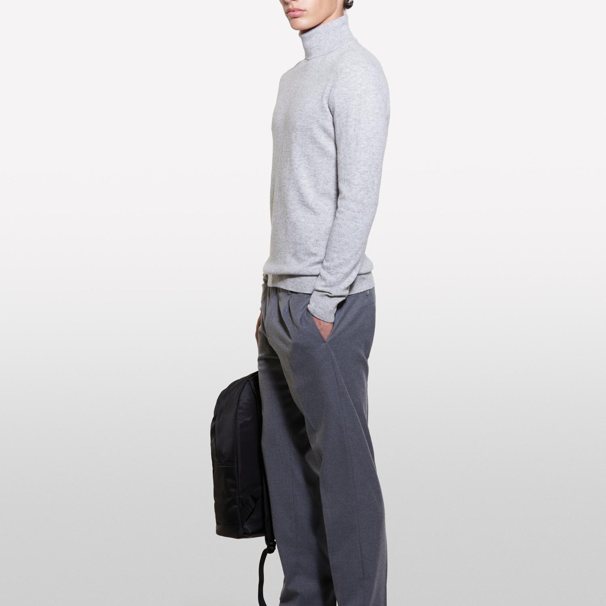 Erkek Gri Melanj Kaşmir Karışımlı Dik Yaka Kazak