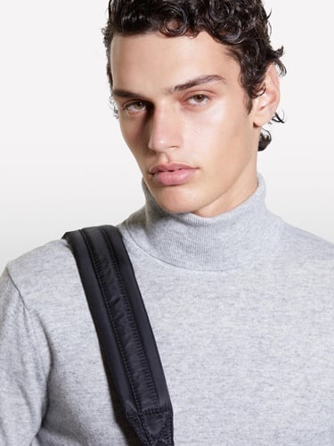  Erkek Gri Melanj Kaşmir Karışımlı Dik Yaka Kazak