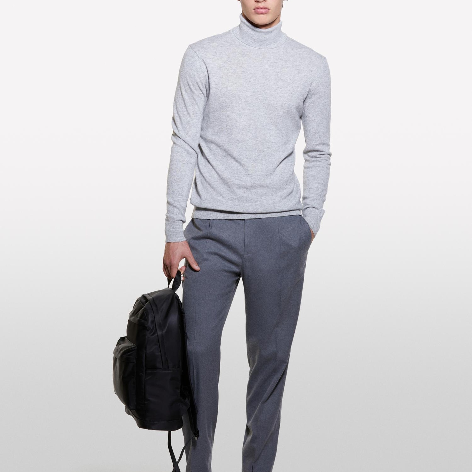 Erkek Gri Melanj Kaşmir Karışımlı Dik Yaka Kazak