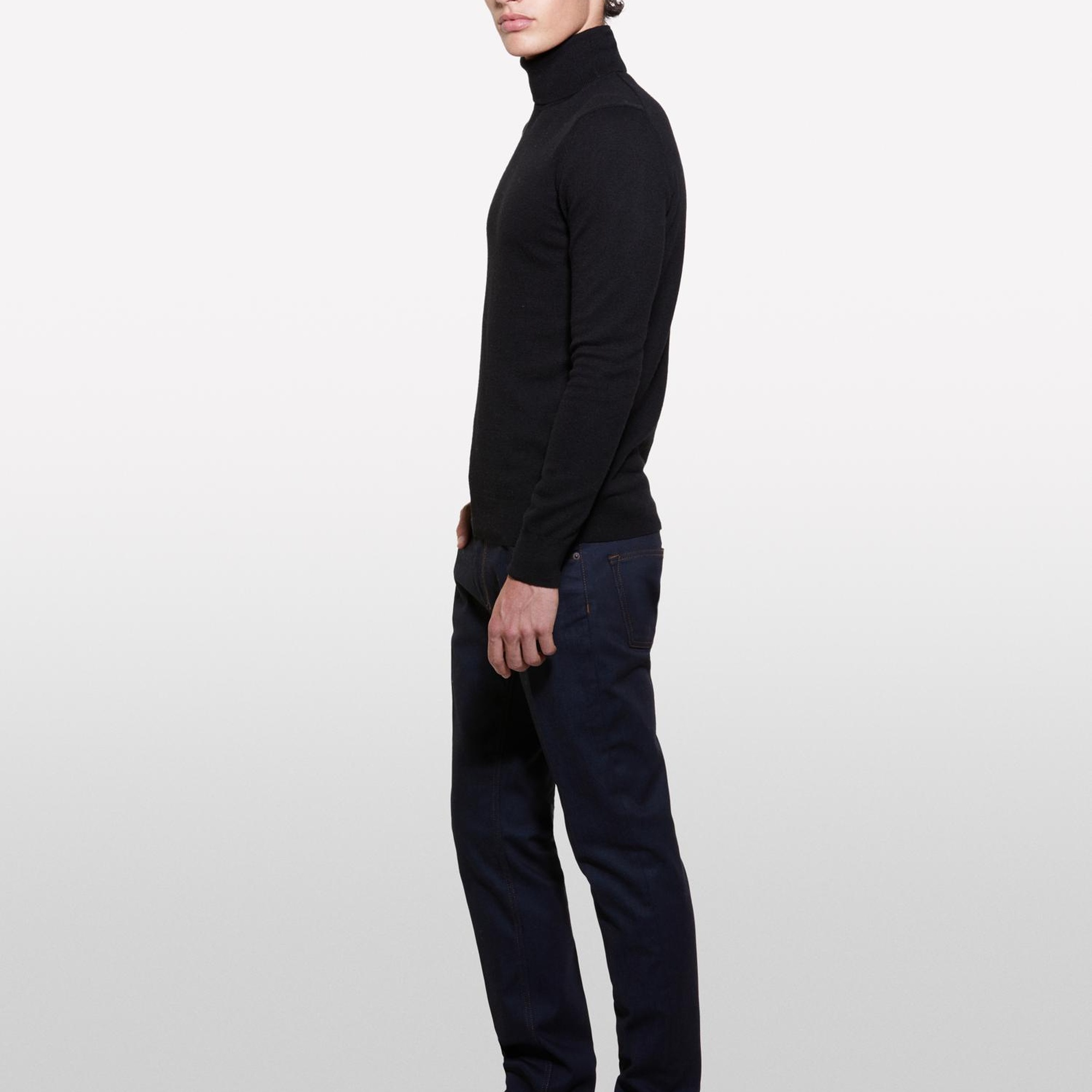 Erkek Siyah Kaşmir Karışımlı Dik Yaka Kazak