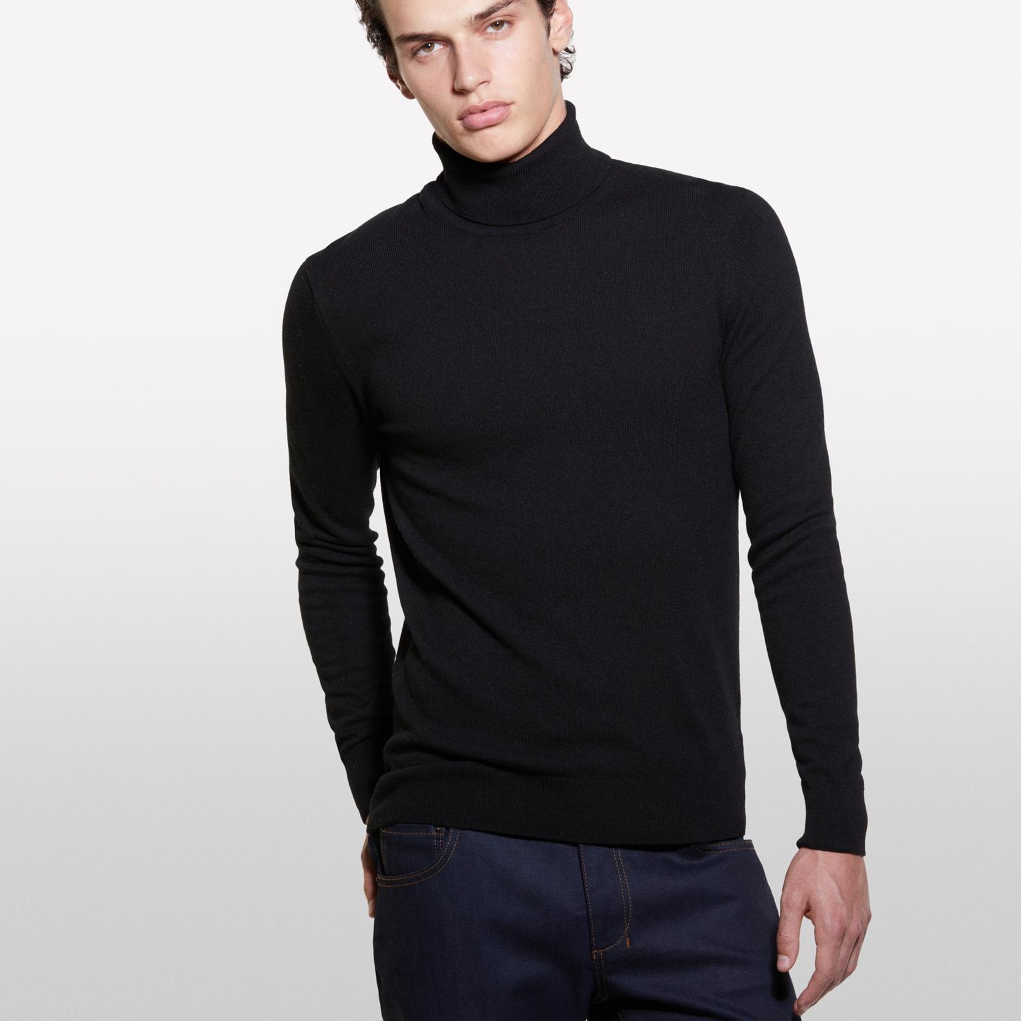 Erkek Siyah Kaşmir Karışımlı Dik Yaka Kazak