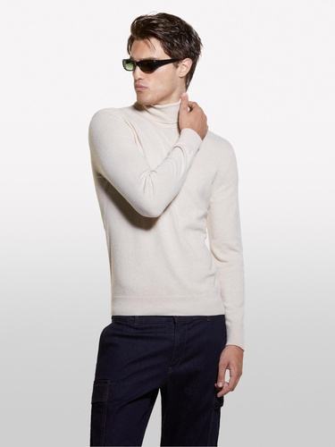  Erkek Krem Kaşmir Karışımlı Dik Yaka Kazak