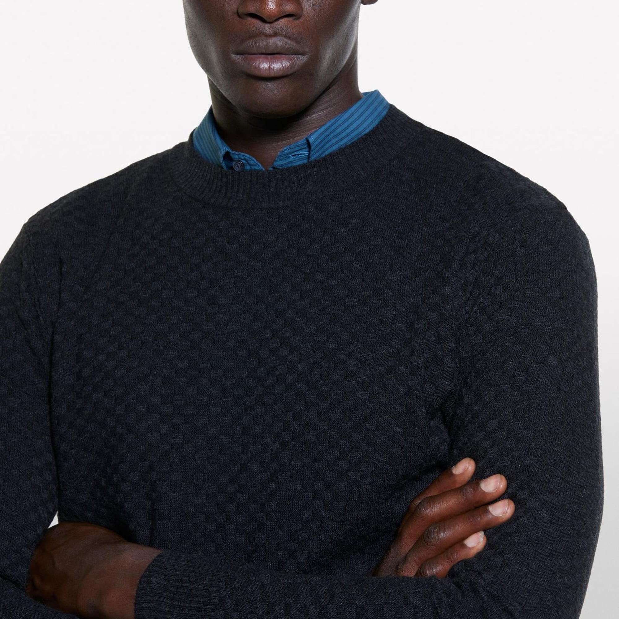 Erkek Koyu Gri Yün Karışımlı Uzun Kollu Ribanalı Kazak